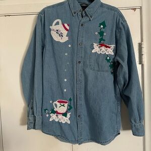 Vintage 90s Denim Shirt | Cottagecore Teacup Applique | Size Men’s M (Women’s L)